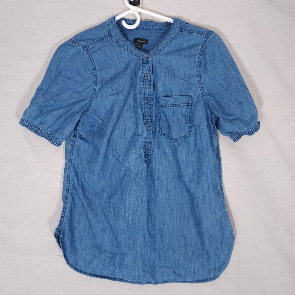 Talbots Chambray Pullover Top Womens Medium Blue Casual Classic Coastal Preppy